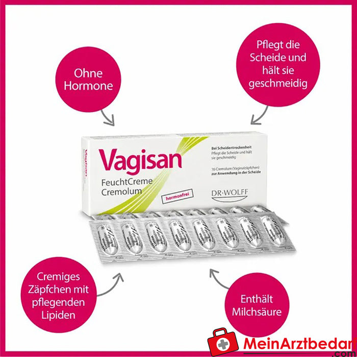 Vagisan Nemlendirici Krem Cremolum: Kuru vajina için hormonsuz vajinal fitiller - hızlı rahatlama ve kullanımı kolay, 16 adet.