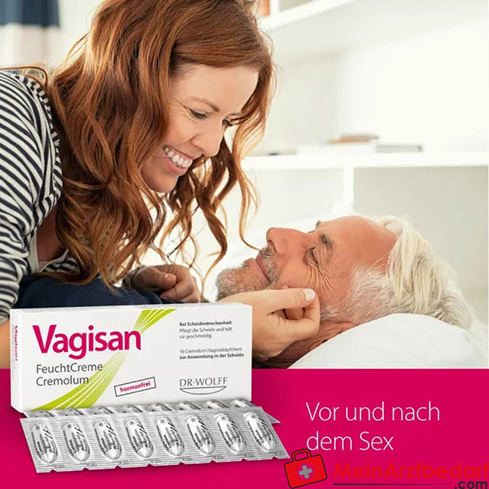 Vagisan Vochtinbrengende Crème Cremolum: Hormoonvrije vaginale zetpillen voor droge vagina - snelle verlichting &amp; gemakkelijk te gebruiken, 16 stuks.