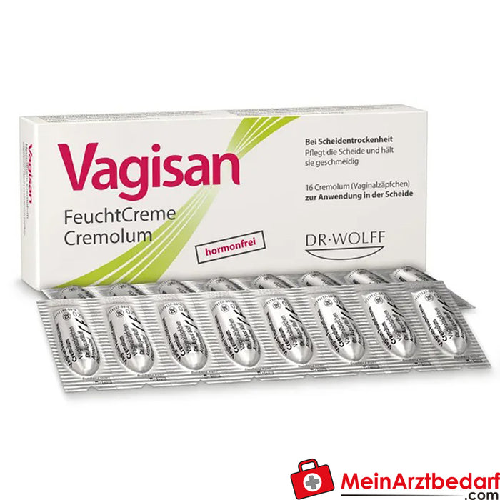 Vagisan Crema Idratante Cremolum: supposte vaginali senza ormoni per la vagina secca, 16 pezzi.