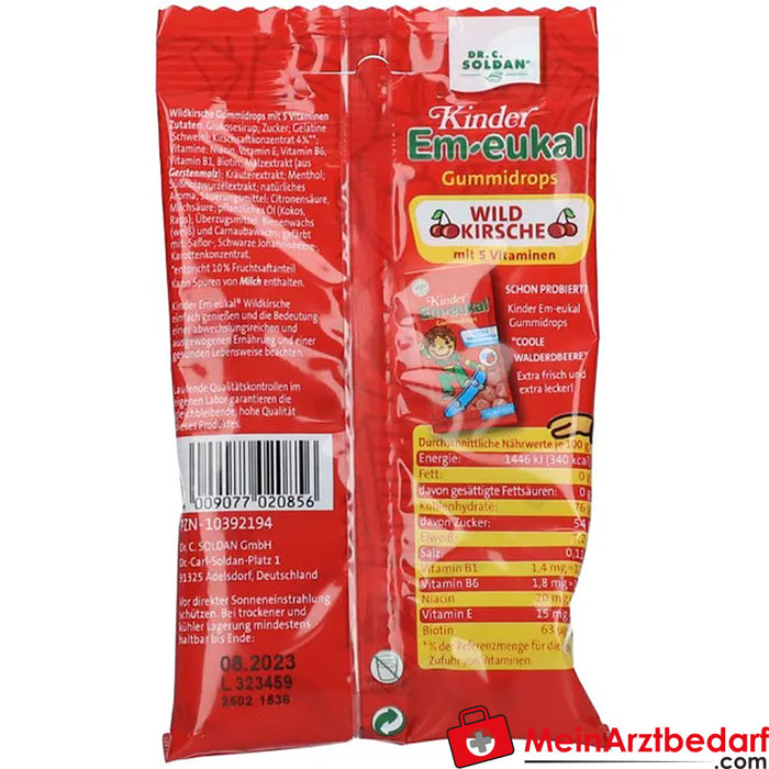 Gotas de pastilha elástica Em-eukal® para crianças com açúcar de cereja selvagem, 75g