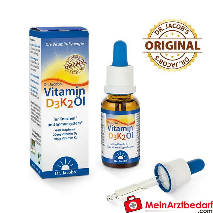 Huile de vitamine D3K2 Dr. Jacob's 800 UI/20 mcg|D3+K2 640 gouttes végétariennes, 20ml