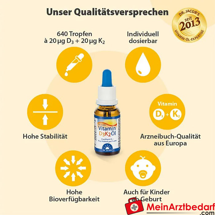 Dr Jacob's Vitamine D3K2 Olie 800 IU/20 mcg|D3+K2 640 druppels vegetarisch, 20ml