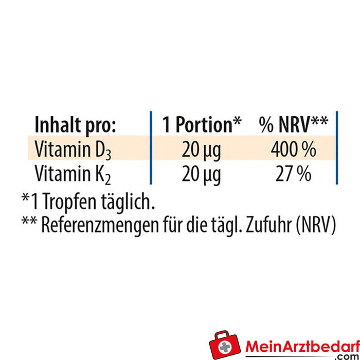 Huile de vitamine D3K2 Dr. Jacob's 800 UI/20 mcg D3+K2 640 gouttes végétariennes