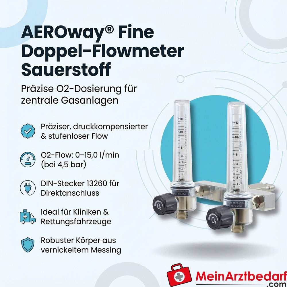 AEROway Fine Doppel-Flowmeter für Sauerstoff DIN-Stecker 13260 0-15 l/min vernickeltes Messing/PA 4,5 bar