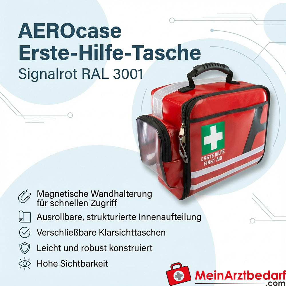 AEROcase® first aid bag signal red RAL 3001, magnetic wall mount, roll-out with sealable transparent pockets