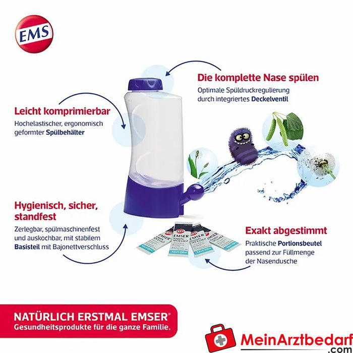 EMSER® Douche nasale avec 4 sachets de sel de rinçage nasal, 1 pce