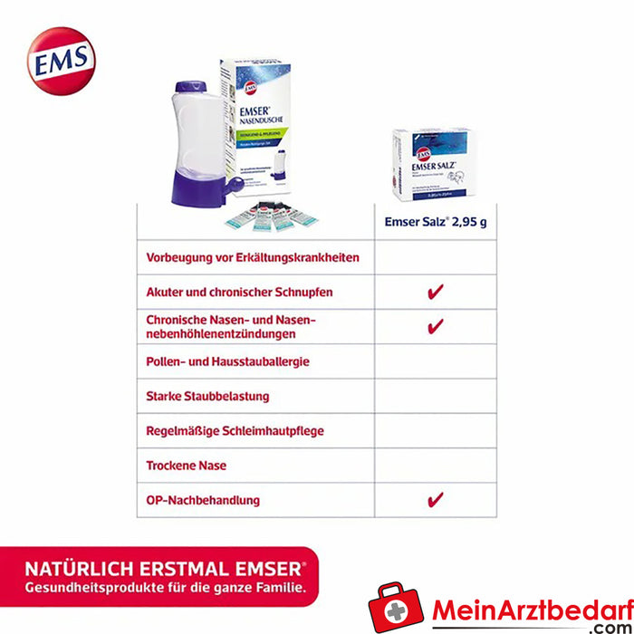 EMSER® duche nasal com 4 saquetas de sal para lavagem nasal, 1 unidade.