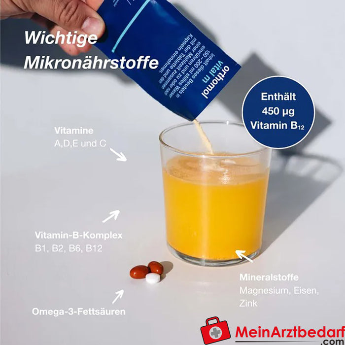 Orthomol Vital m erkekler için - yorgunluk için - B vitaminleri ve omega-3 ile - granül/tablet/kapsül - portakal aromalı, 30 adet.