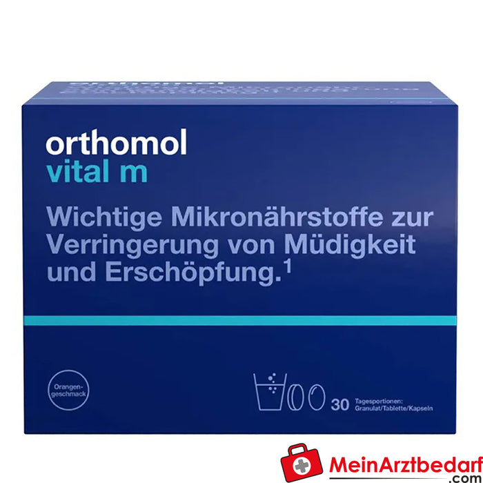 Orthomol Vital m dla mężczyzn - na zmęczenie - z witaminami z grupy B i omega-3 - granulki/tabletki/kapsułki - smak pomarańczowy, 30 szt.