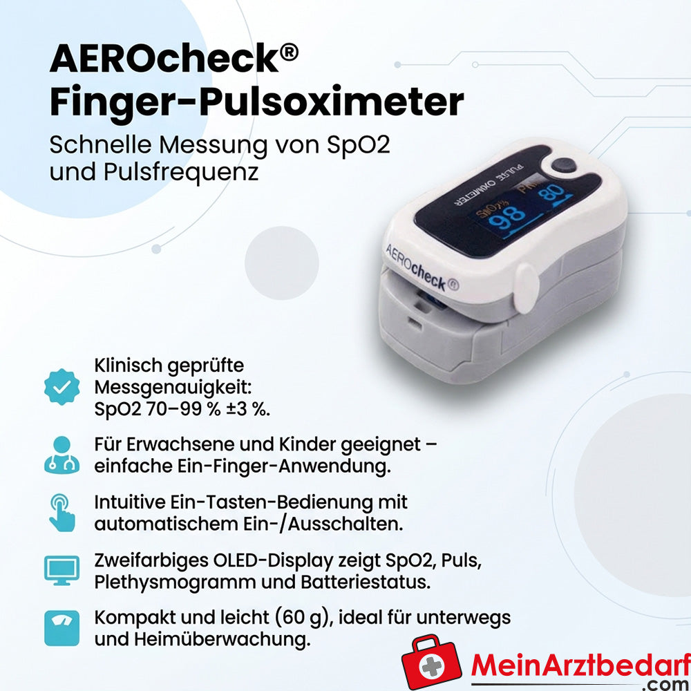 AEROcheck® vingerpulsoximeter met OLED-display SpO2 70-99 % ±3 % polsslag 30-235 spm Toepassing met één vinger