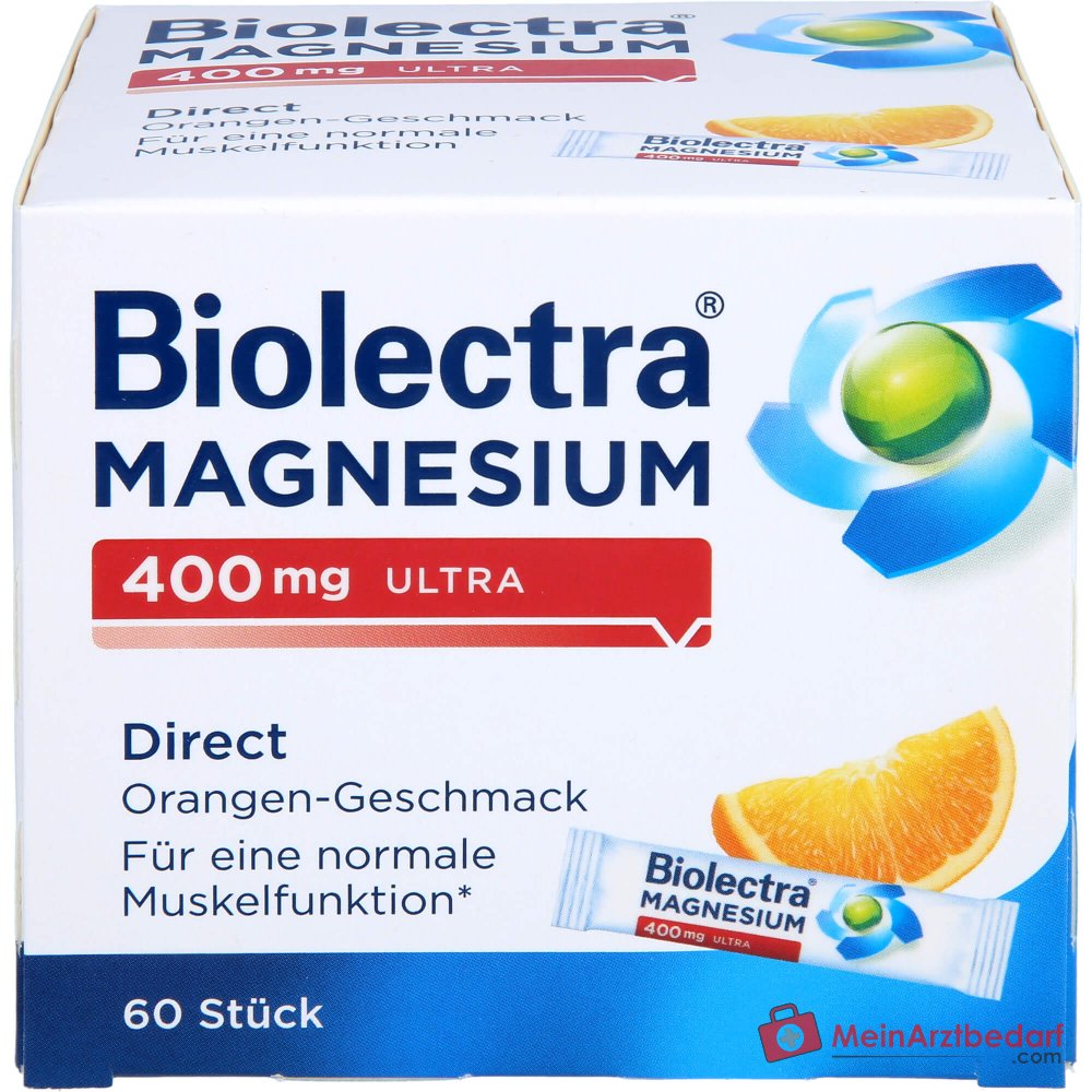 Biolectra Magnesium 400 mg ultra Direct Magnesiumoxid Micro-Pellets Orangengeschmack, 60 Sticks.