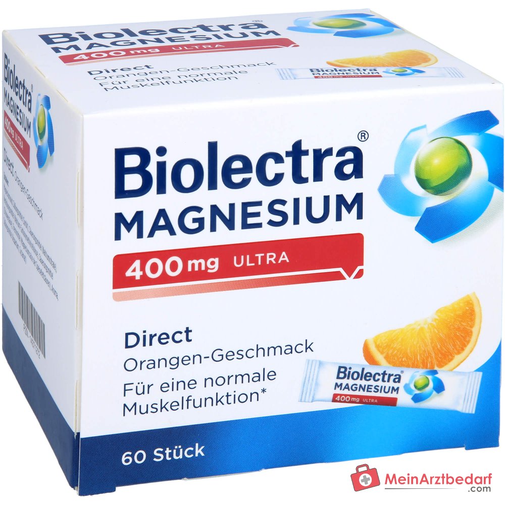 Biolectra Magnesium 400 mg ultra Direct Magnesiumoxid Micro-Pellets Orangengeschmack, 60 Sticks.