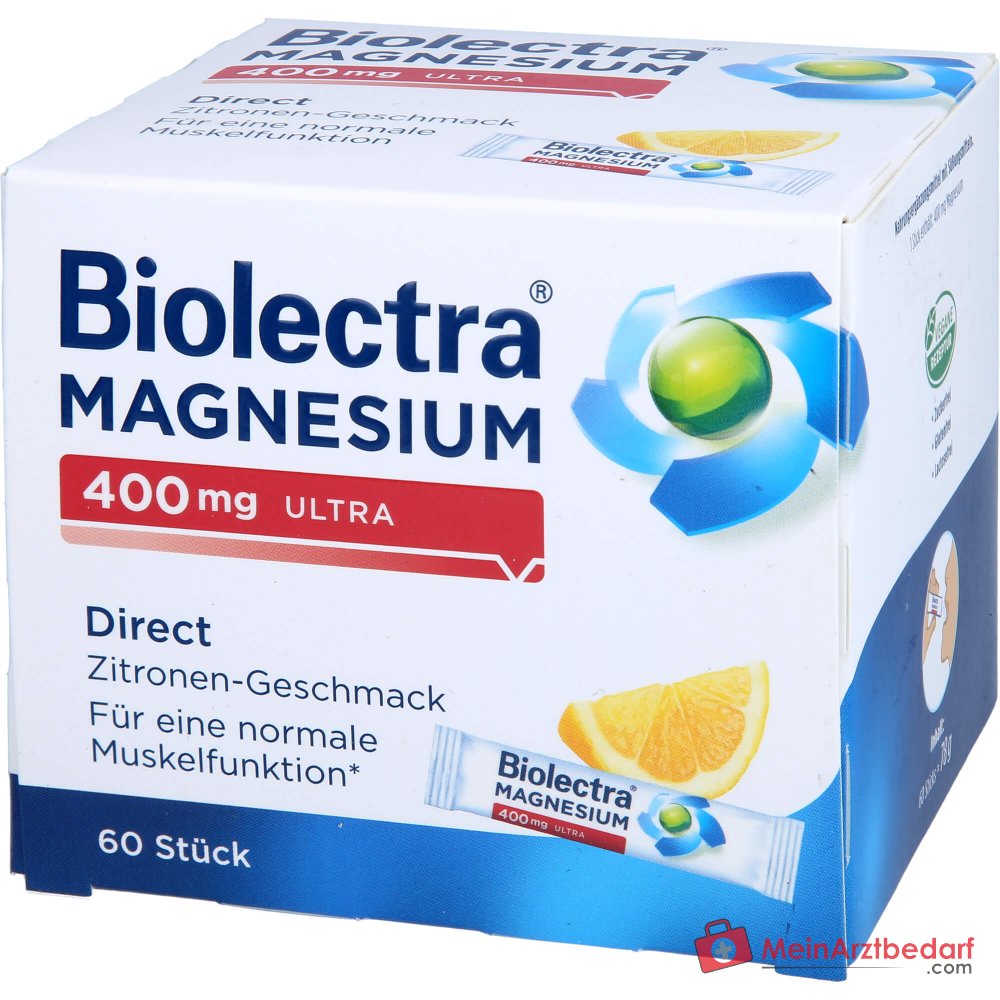 Biolectra Magnesium 400 mg ultra Direct Zitrone Magnesiumoxid Micro-Pellets, 60 Sticks.