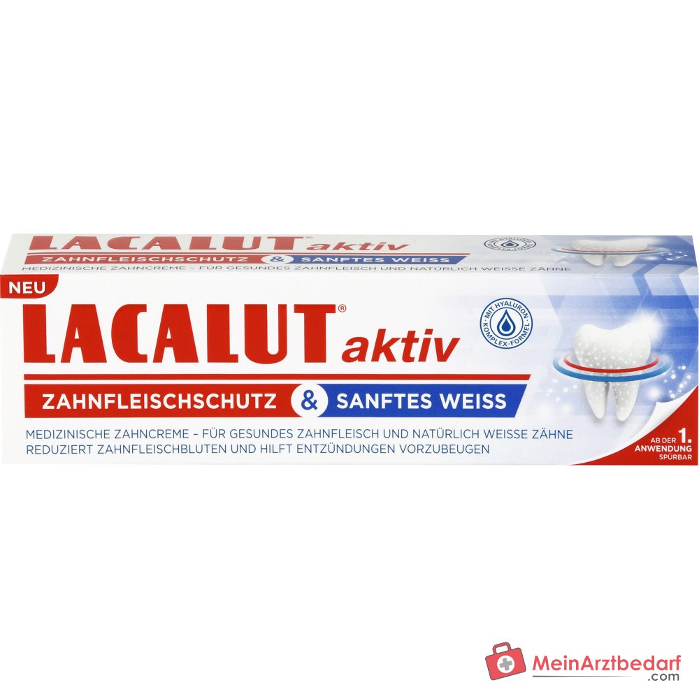 Lacalut Aktiv Zahnfleischschutz und Sanftes Weiß Natriumfluorid / Natriumhyaluronat / Chlorhexidin / Bromelain / Papain Zahncreme, 75 ml.