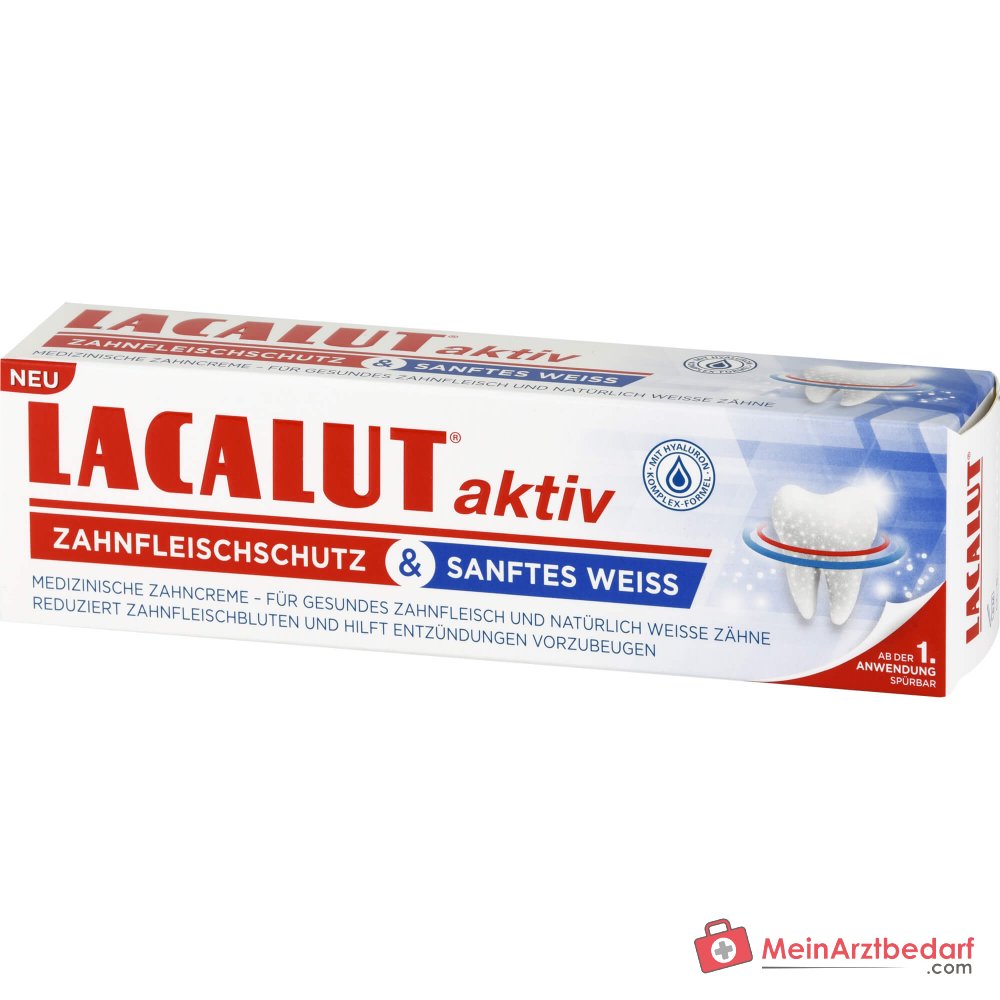 Lacalut Aktiv Zahnfleischschutz und Sanftes Weiß Natriumfluorid / Natriumhyaluronat / Chlorhexidin / Bromelain / Papain Zahncreme, 75 ml.