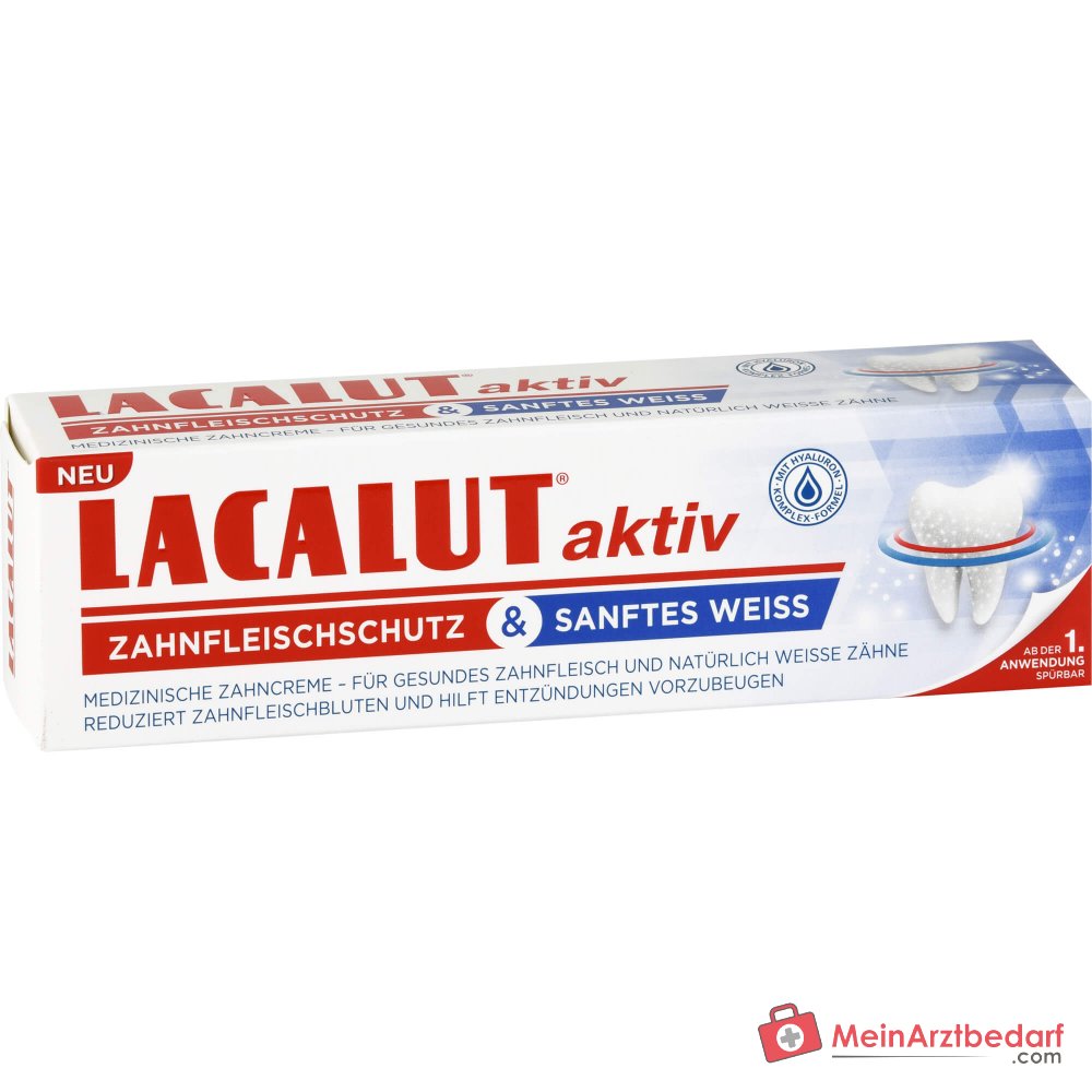 Lacalut Aktiv Zahnfleischschutz und Sanftes Weiß Natriumfluorid / Natriumhyaluronat / Chlorhexidin / Bromelain / Papain Zahncreme, 75 ml.