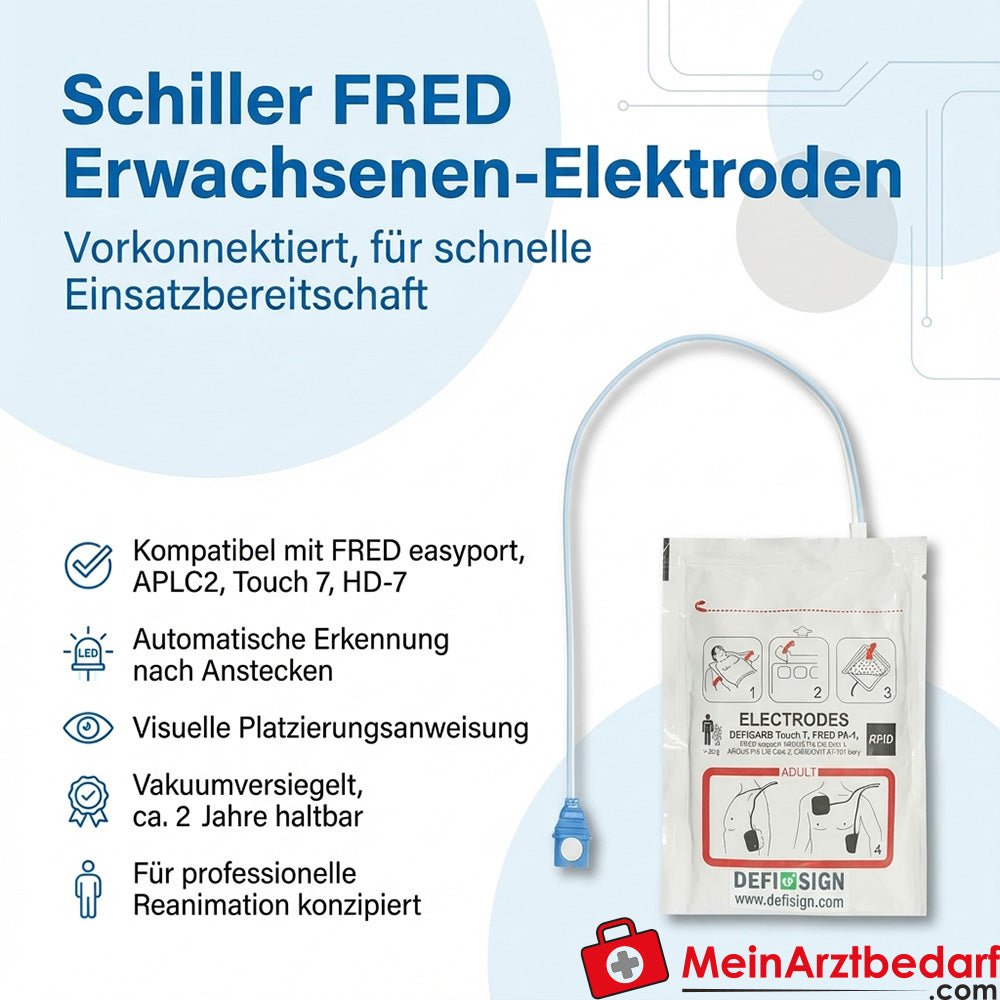 Schiller FRED elektroden voor volwassenen, vooraf aangesloten, compatibel met FRED easyport, APLC2, Touch 7, HD-7, PA-1