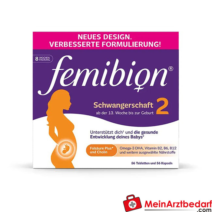 Femibion® 2 怀孕期（第 13 周至分娩），2 x 56 件。
