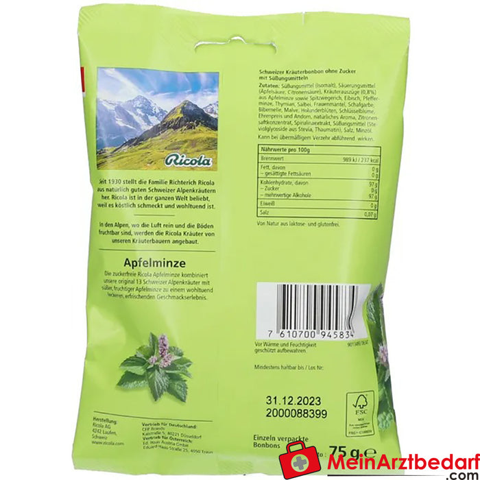 Ricola® 瑞士草本糖果苹果薄荷糖（不含糖），75 克