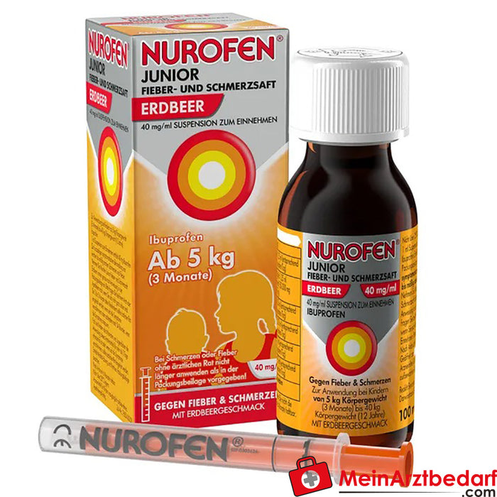Nurofen Junior 发烧和疼痛舒缓草莓 40 毫克/毫升悬浮剂。