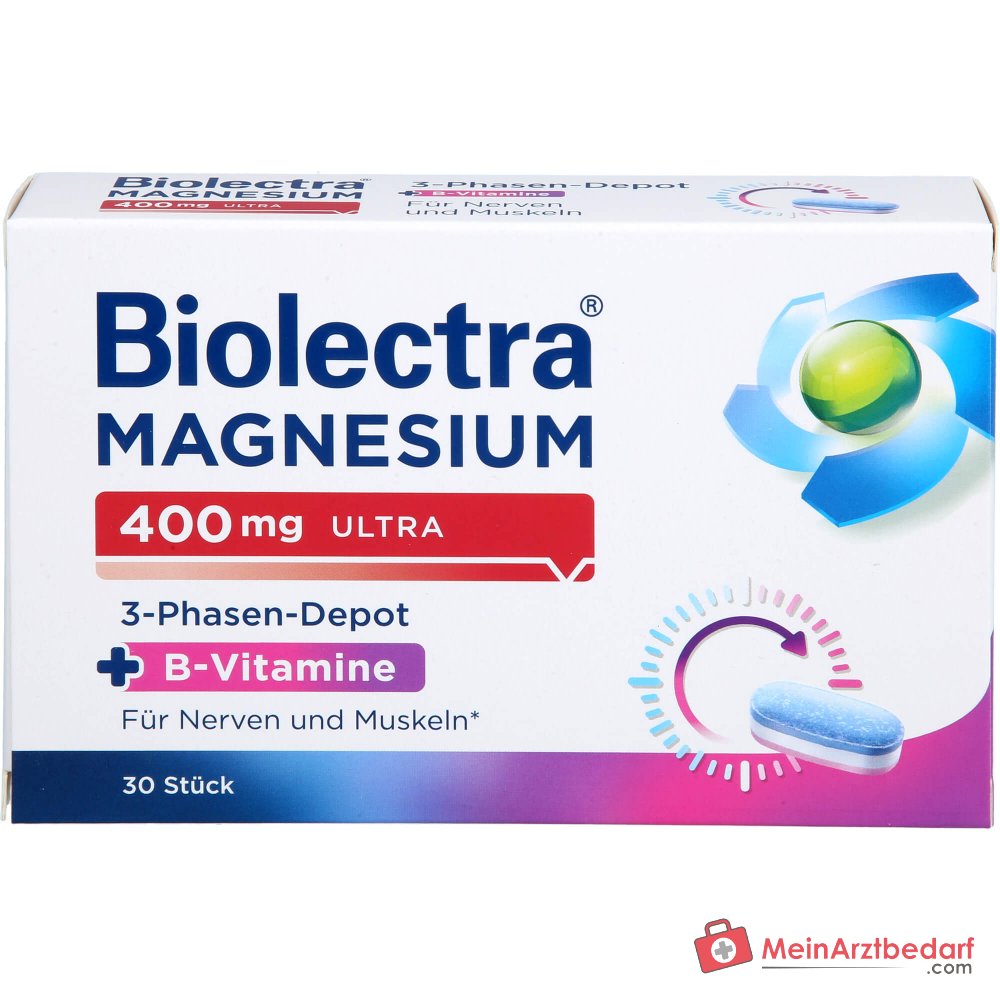 Biolectra Magnesium 400 mg Ultra 3-Phasen-Depot Magnesium / Vitamin B1 / Vitamin B2 / Vitamin B6 / Vitamin B12 Tabletten, 30 St..