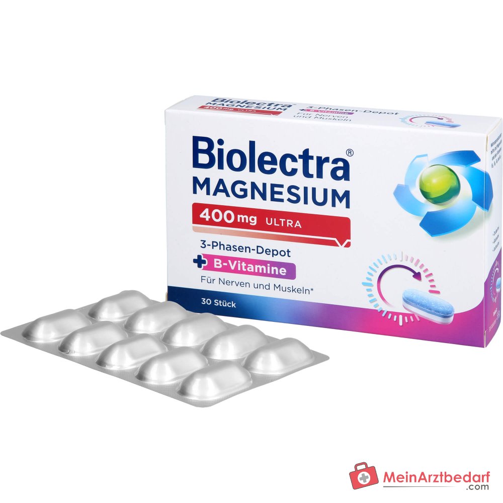 Biolectra Magnesium 400 mg Ultra 3-Phasen-Depot Magnesium / Vitamin B1 / Vitamin B2 / Vitamin B6 / Vitamin B12 Tabletten, 30 St..