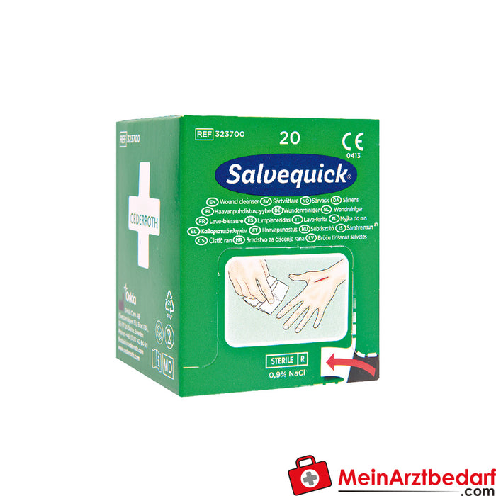 Lingettes stériles Salvequick pour le nettoyage des plaies 0,9% NaCl | 20 pces