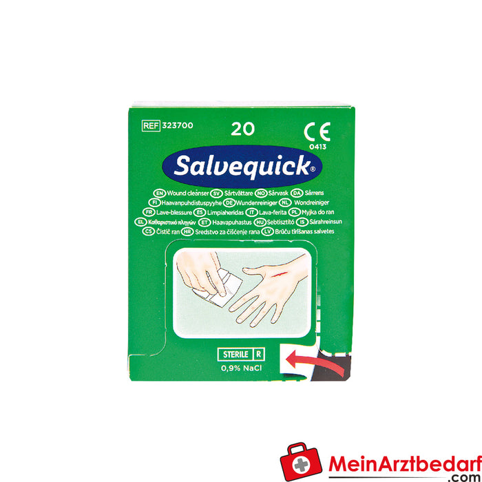 Salvequick 无菌伤口清洁湿巾 0.9% 氯化钠 | 20 片。