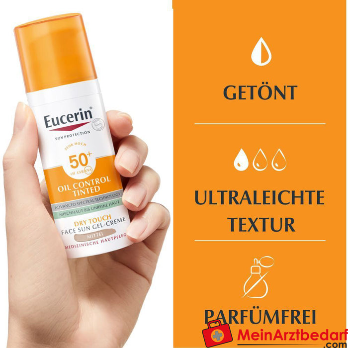 Eucerin® Oil Control Tinted Face Sun Gel-Crema con FPS 50+ - para pieles grasas y con imperfecciones, 50 ml
