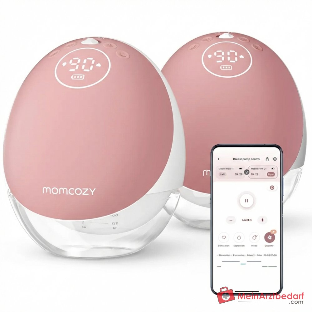 Momcozy Mobile Flow M9 freihändige elektrische Milchpumpe mit App-Steuerung, 3. Generation Motor 300 mmHg, 15 Saugstufen, Bluetooth, DoubleFit-Flansch 24 mm, Tritan-Behälter 150 ml, 1800 mAh Akku