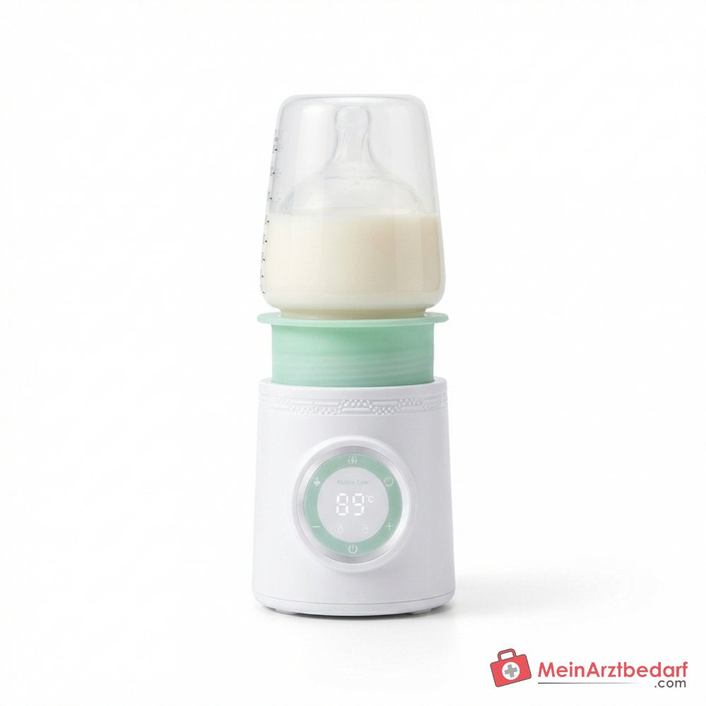 Momcozy MW003-WH12BA-A Draagbare draadloze flessenwarmer met keramische verwarmingsplaat, LCD-display, 6 temperatuurstanden 32-50°C, 120 ml in 2 minuten, IPX4, 5 adapters, BPA-vrij