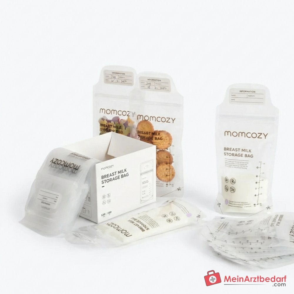 Sacchetti per latte materno Momcozy 180 ml con indicatore di temperatura, doppia sigillatura e design anti-fuga, senza BPA, pre-sterilizzati, 50 pezzi.