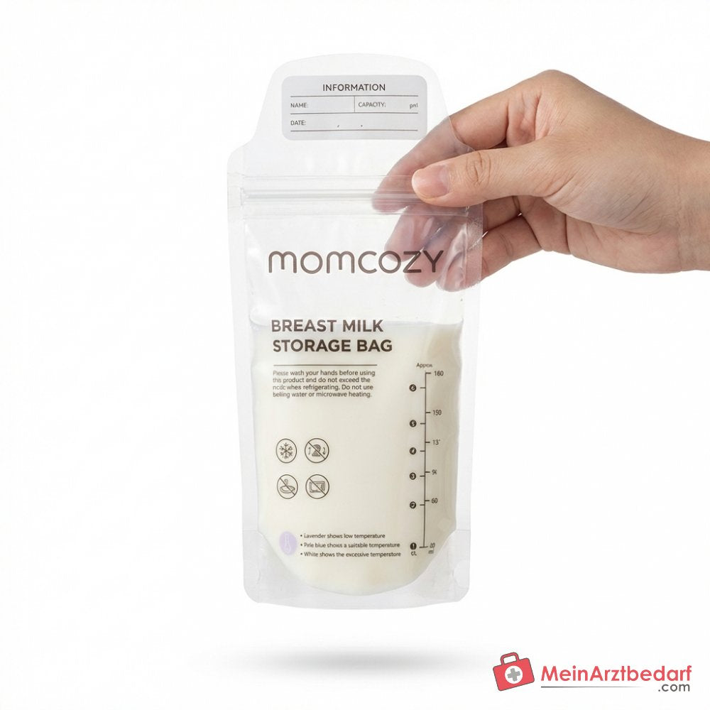 Sacchetti per latte materno Momcozy 180 ml con indicatore di temperatura, doppia sigillatura e design anti-fuga, senza BPA, pre-sterilizzati, 50 pezzi.