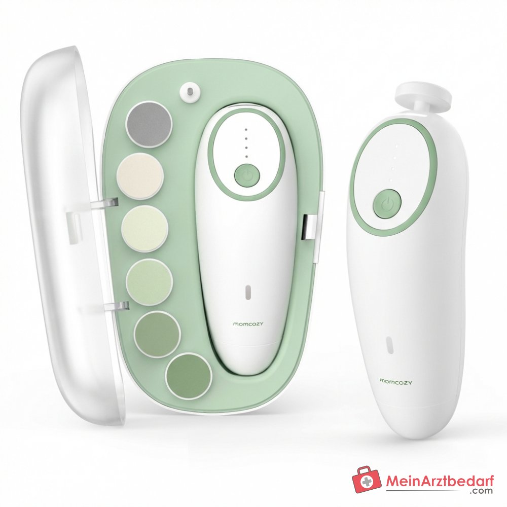 Momcozy NC02 Elektrische Baby-Nagelfeile mit 360° LED-Ringlicht, 4 Geschwindigkeitsstufen, 7 Schleifaufsätze, leise unter 35 dB, USB-C aufladbar
