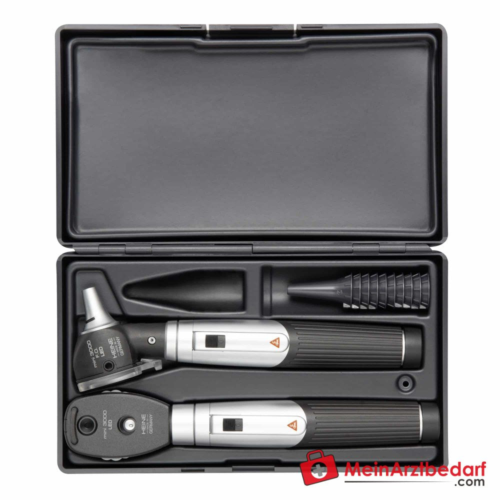 HEINE mini 3000 LED Diagnostik-Set mit Ophthalmoskop und F.O. Otoskop, 2 Batteriegriffe, 10 Einweg-Tips und Hartschalenetui.