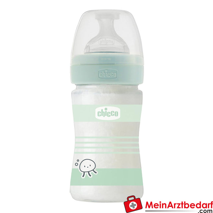 Chicco BABY BOTTLE WELL-BEING GLASS, 150 ML, NORMAL FLOW, 0M+ SILICONE, GREEN