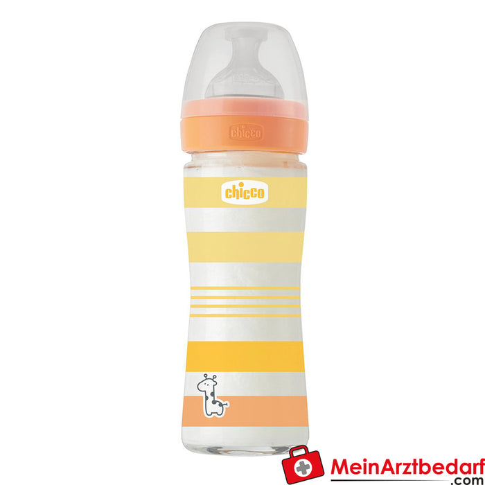 Chicco Butelka dla niemowląt Well-being szklana, 240 ml, normalny przepływ, silikon 0m+, żółta