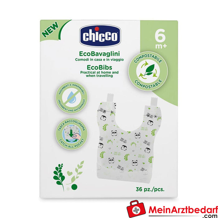 Chicco Baberos desechables compostables 36 unidades, 6m+, Con bandeja recogegotas y tira adhesiva
