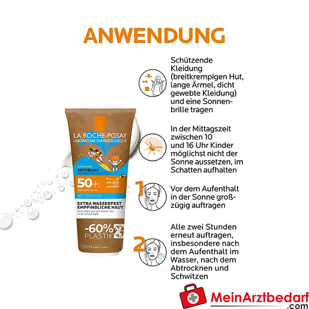 La Roche Posay Anthelios Dermo-Pediatrics Wet Skin Gel LSF 50+: Sonnencreme für Kinder bei zu Sonnenallergie neigende und empfindliche Haut, 200ml.