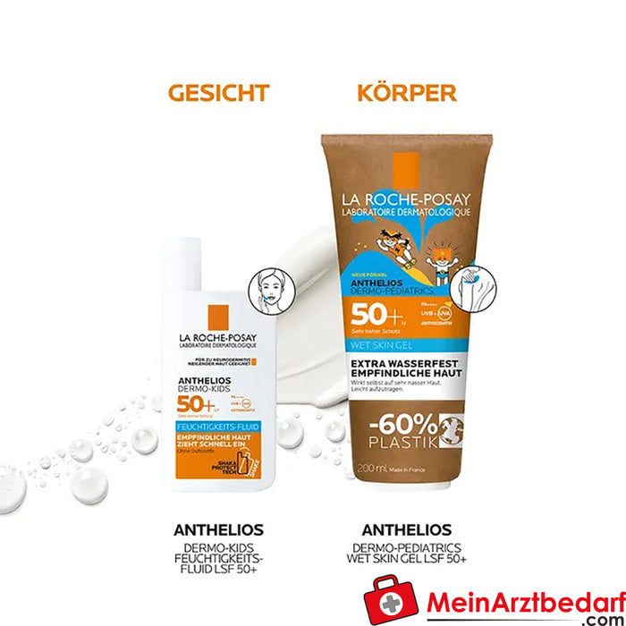 La Roche Posay Anthelios Dermo-Pediatrics Wet Skin Gel SPF 50+ : crème solaire pour les enfants à la peau sensible et sujette aux allergies solaires, 200ml