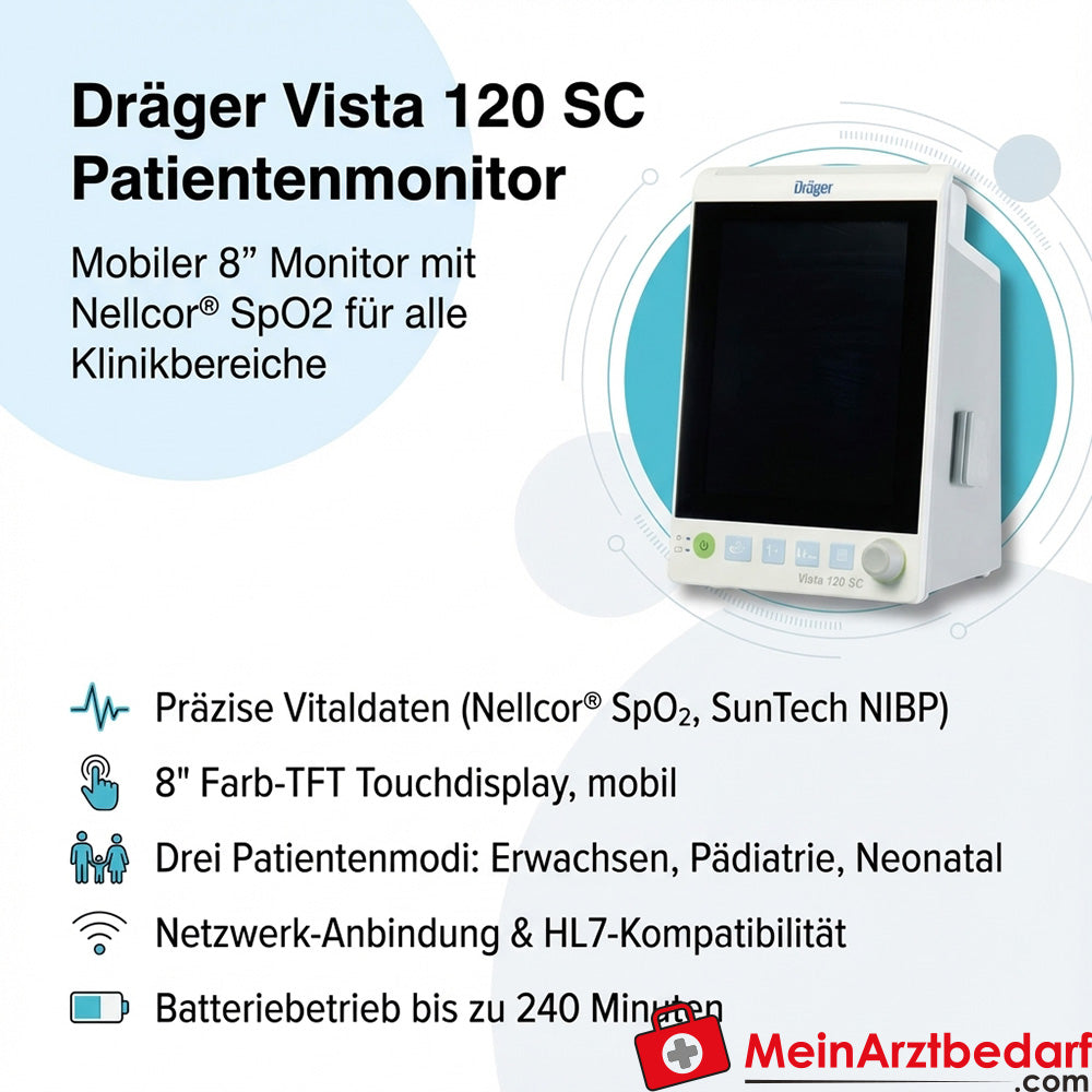 Dräger Vista 120 SC patient monitor with Nellcor SpO2, 8 inch, mobile