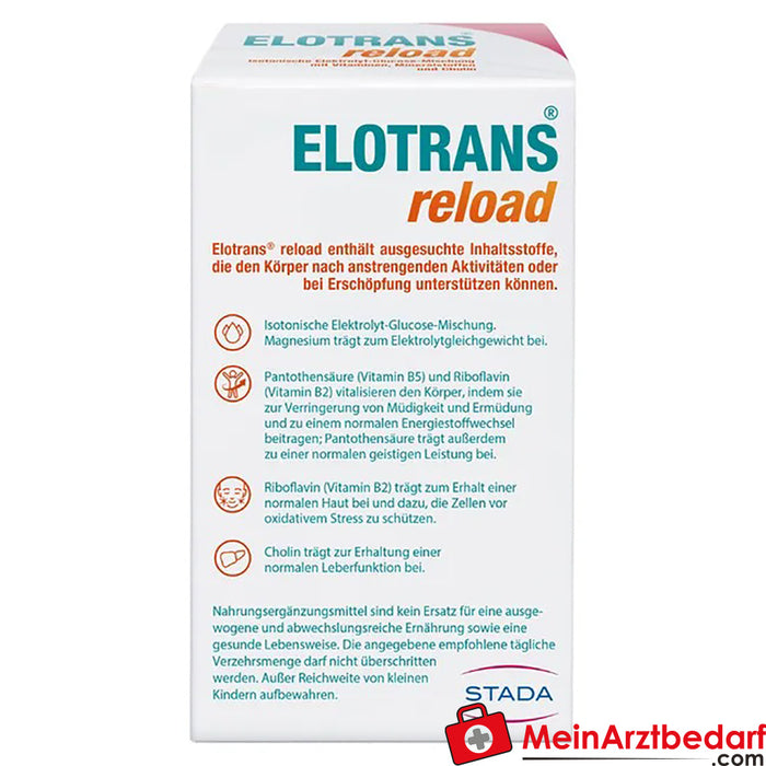 Elotrans® reload - Poudre à boire végétalienne - Mélange isotonique d'électrolytes et de glucose, 15x7,57g