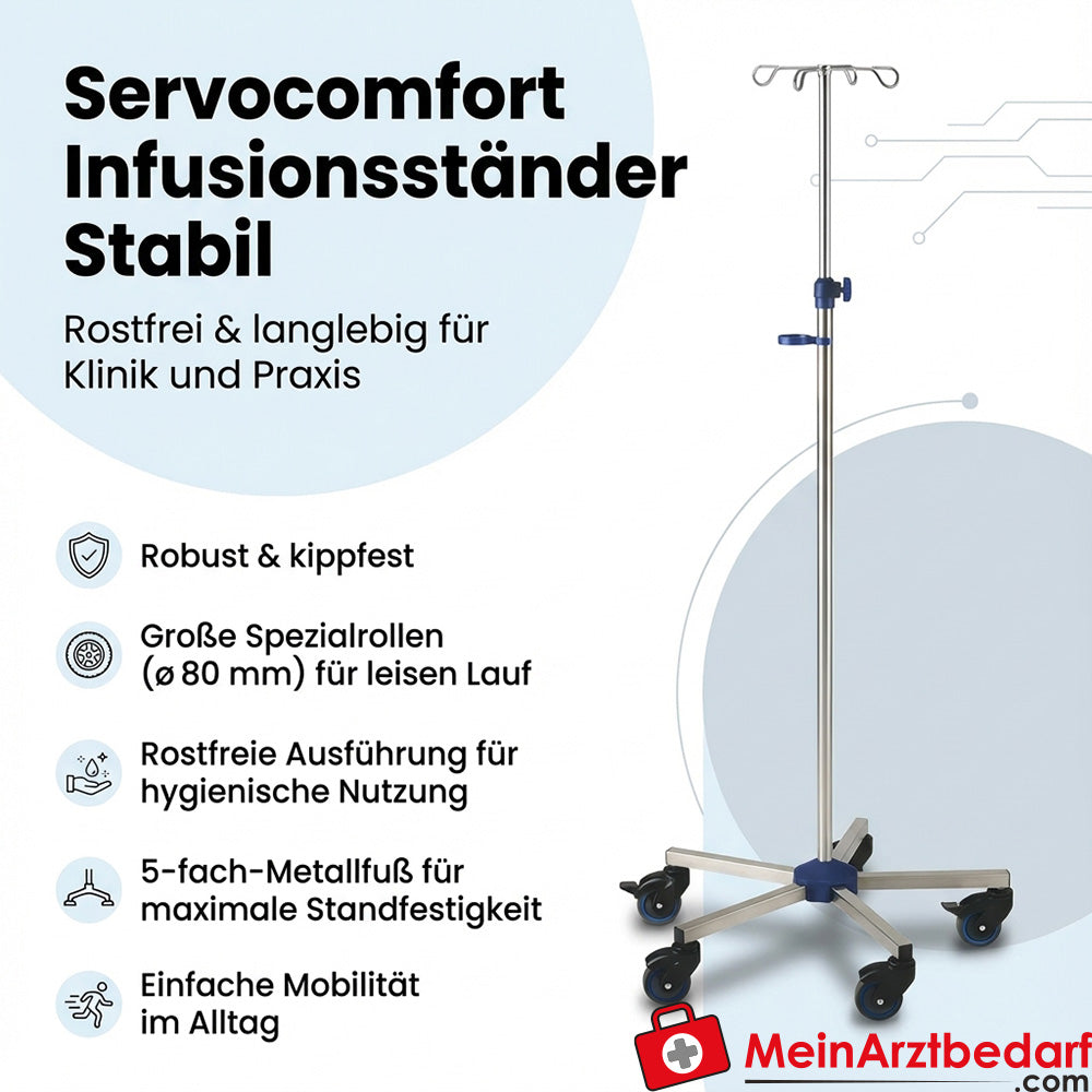 Supporto per infusione robusto in acciaio inox Base metallica a 5 pieghe Ruote speciali Ø80 mm