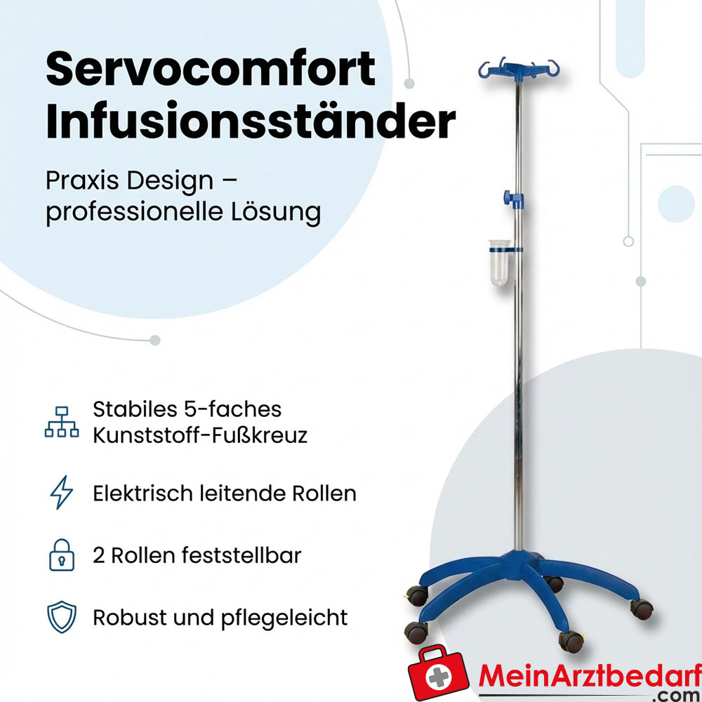 Stativo per infusione Servocomfort blu, base in plastica inossidabile a 5 pieghe, rotelle di guida, 2 bloccabili