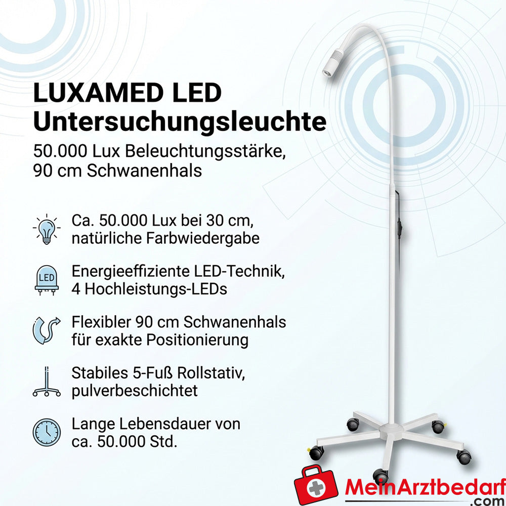 LUXAMED Luce d'esame a LED 50.000 lux a collo d'oca 90 cm 5 piedi supporto mobile bianco