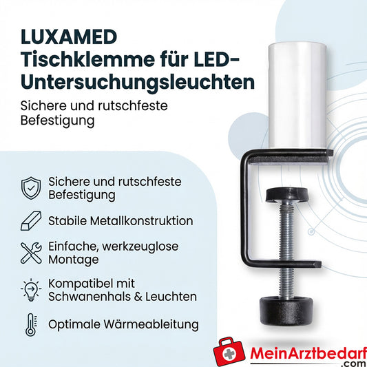 LUXAMED table clamp for LED examination lights, metal, non-slip attachment, compatible with 100 cm gooseneck