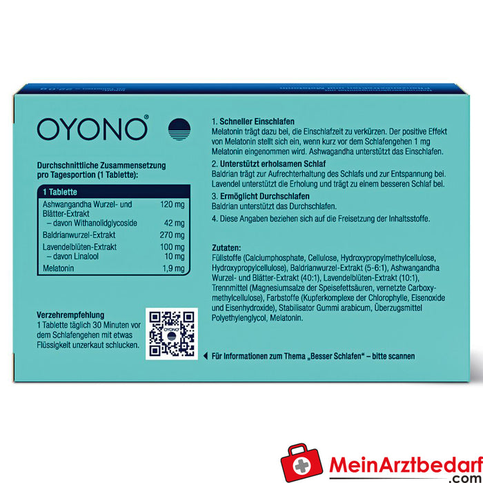 OYONO® Night Intens com 1,9 mg de melatonina e ashwagandha, valeriana, lavanda