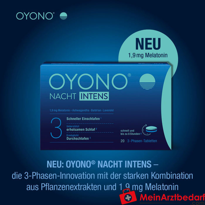 OYONO® Night Intens com 1,9 mg de melatonina e ashwagandha, valeriana, lavanda