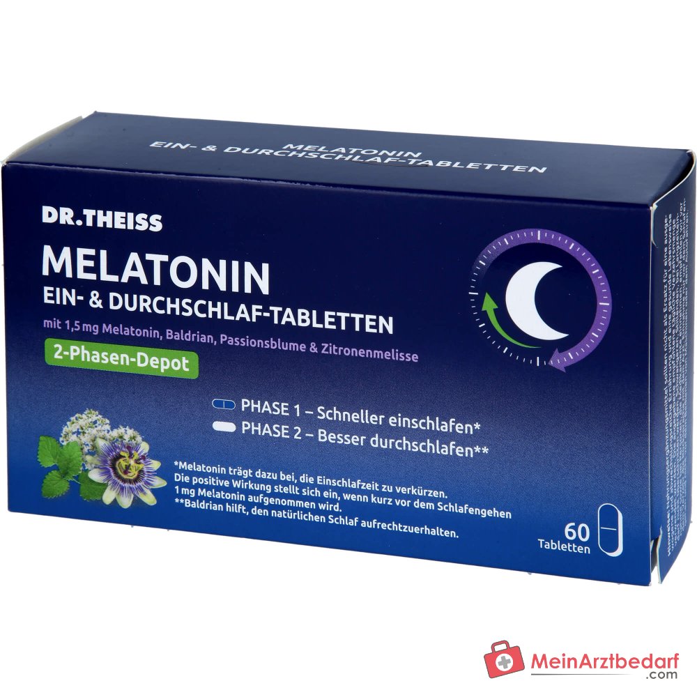 Dr. Theiss Melatonin Ein- & Durchschlaf-Tabletten Melatonin / Baldrianwurzel-Extrakt / Passionsblume / Zitronenmelisse Retardtabletten, 60 St..