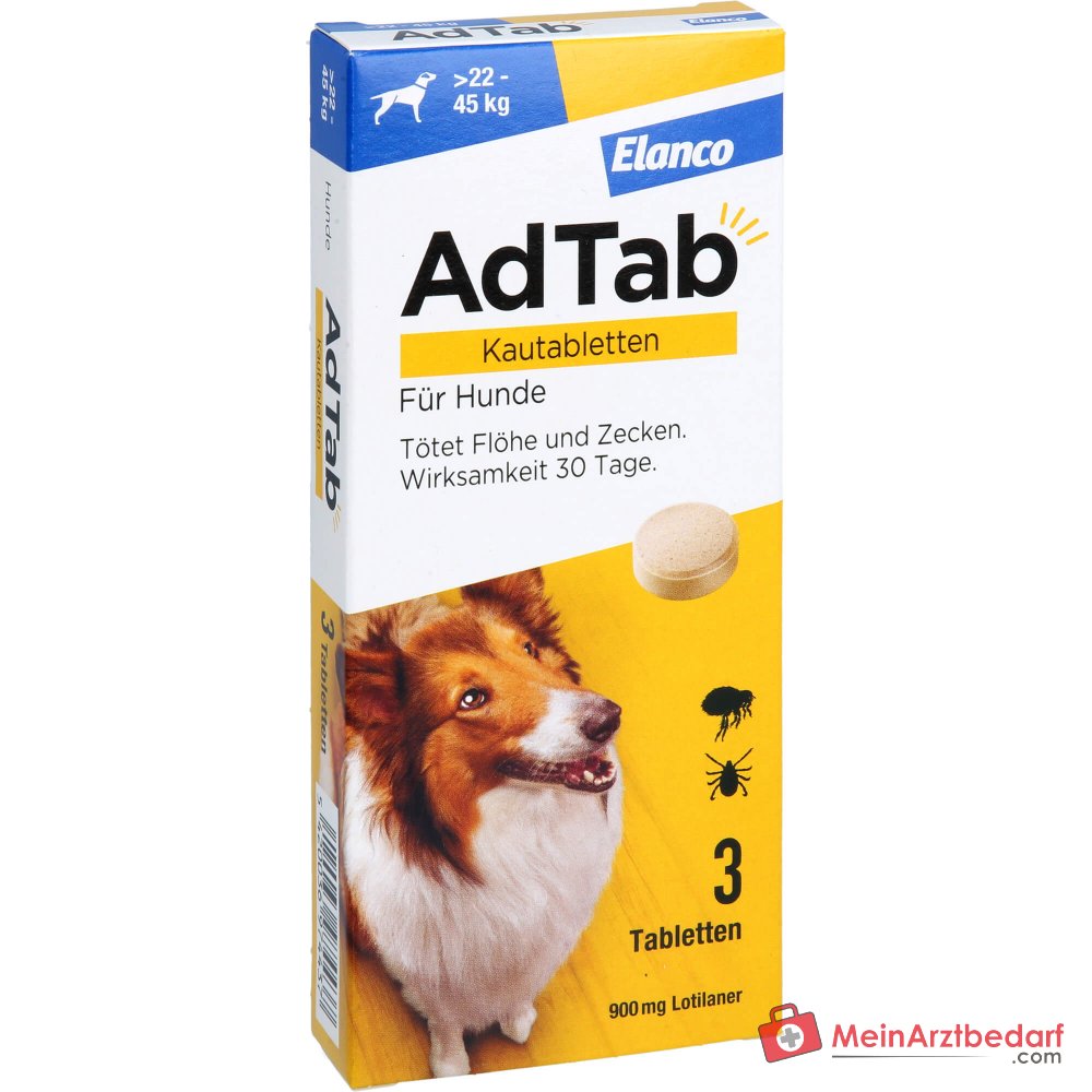 AdTab Lotilaner 900 mg comprimidos masticables 3 piezas para perros de 22-45 kg